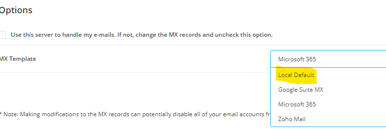 DirectAdmin, MX-records op Local default